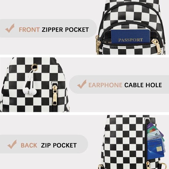 Women Checkered Black Imported PU Leather Small Crossbody Chest Sling Travel Bag - Picture 5 of 8